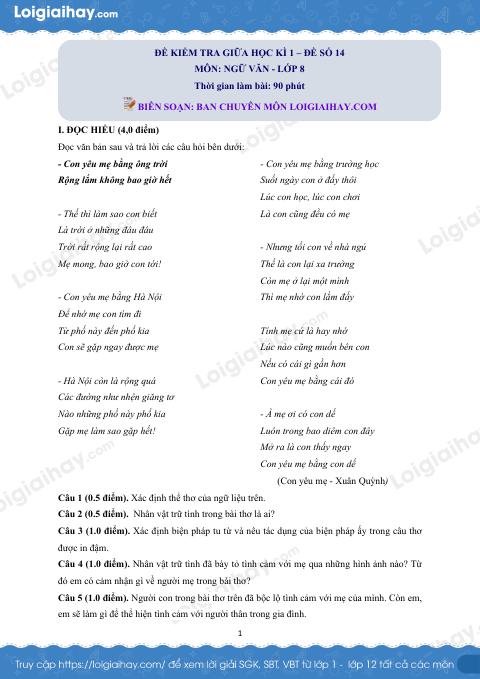 Đề thi giữa kì 1 Văn 8 - Đề số 14